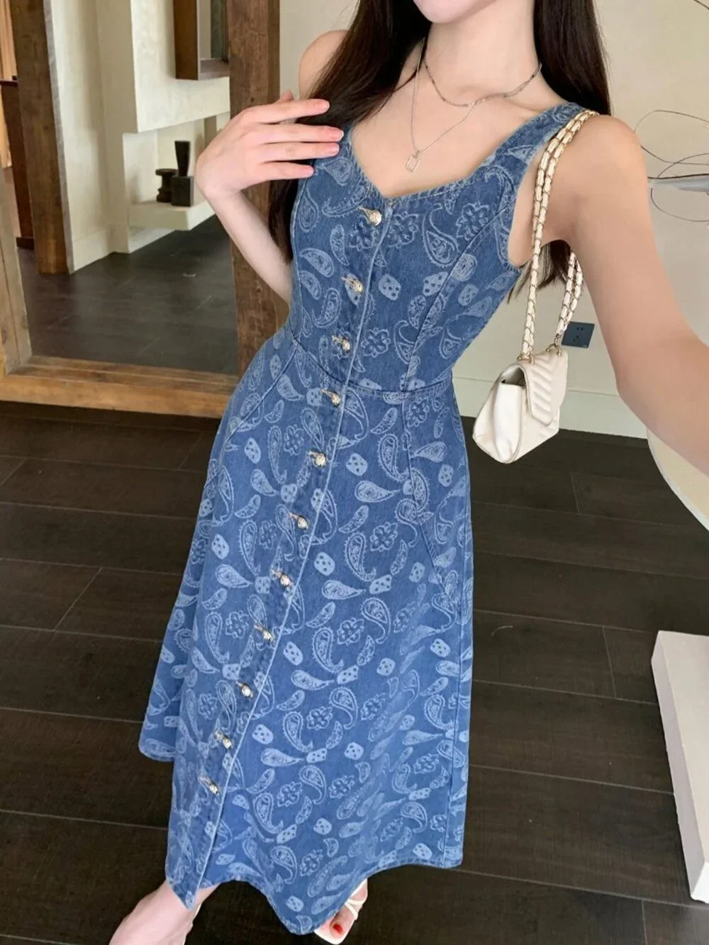 Medium Wash Boho Women's Denim Jacquard midi Dress - Picture 7 of 7